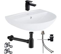 Conjunto completo de lavabo con forma de tulipán, 60 cm, que incluye grifo Hansgrohe, desagüe con rejilla negra, sifón y válvula angular Schell