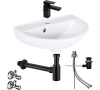Conjunto completo de lavabo "Romero" de 45 cm, que incluye grifo Hansgrohe, desagüe con rejilla negra, sifón y válvula angular Schell