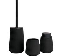 Conjunto completo para baño que incluye un dispensador de jabón de tres compartimentos, un soporte para cepillos de dientes y un juego de escobilla para inodoro, color mate.