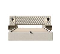 Conjunto completo para dormitorio 160x200 - cama tapizada con almacenamiento hidráulico, 2 mesitas, luz led con usb - beige, terciopelo