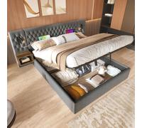 Conjunto completo para dormitorio Bettanlage: cama tapizada con sistema hidráulico y espacio de almacenamiento, cama doble de 180x200 cm, con 2 mesitas de noche y cabecero con luz de lectura