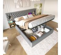 Conjunto completo para dormitorio Bettanlage: cama tapizada con sistema hidráulico y espacio de almacenamiento, cama doble de 160x200 cm, con 2 mesitas de noche y cabecero con luz de lectura