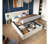 Conjunto completo para dormitorio Bettanlage: cama tapizada con sistema hidráulico y espacio de almacenamiento, cama doble de 180x200 cm, con 2 mesitas de noche y cabecero con luz de lectura