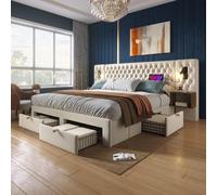 Conjunto completo para dormitorio Bettanlage, que incluye una cama tapizada de matrimonio de 160x200 cm, 2 mesitas de noche y 4 cajones, además de un cabecero con luz de lectura y función de carga USB