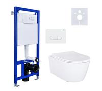 Conjunto completo para inodoro de pared BELVIT, color blanco, sin borde de descarga, con tapa Softclose, elemento de pared, placa de accionamiento y aislamiento acústico