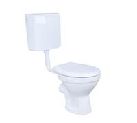 Conjunto completo para inodoro de pie Belvit, con descarga horizontal, que incluye un sistema de descarga mural Geberit AP110 y un asiento de inodoro blanco con cierre suave