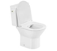 Conjunto completo para inodoro de pie, modelo VBChome. Inodoro compacto sin borde de descarga, con cisterna y tapa con sistema de cierre suave. Color blanco, material: cerámica. Conexión universal