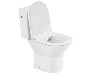 Conjunto completo para inodoro de pie, modelo VBChome. Inodoro compacto sin borde de descarga, con cisterna y tapa con sistema de cierre suave. Color blanco, material: cerámica. Conexión universal