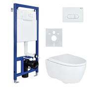 Conjunto completo para inodoro Geberit iCon, inodoro de pared sin borde de descarga, con elemento de instalación mural Belvit de Duroplast, asiento, placa de accionamiento, sistema QuickRelease, monta