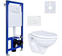 Conjunto completo para inodoro suspendido: estructura de pared, insonorización, asiento de inodoro con cierre suave, desagüe, placa de accionamiento, cerámica, cisterna y conjunto de inodoro. Ideal pa