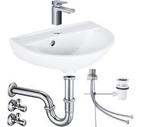 Conjunto completo para lavabo "Romero" de 45 cm, que incluye grifo Hansgrohe, sistema de desagüe y sifón Schell, y válvula de esquina