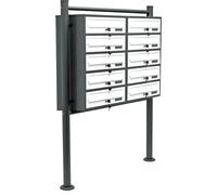Conjunto de 10 buzones blancos/antracita, modelo de pie, con 2 compartimentos de 5 buzones cada uno, llaves y placa de identificación. Buzón de pared con soporte. Dimensiones: 945 x 270 x 1500 mm