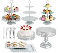 Conjunto de 11 piezas de soporte para pasteles de metal color plateado, ideal para exhibir postres en fiestas, así como soportes para cupcakes y mesas de dulces para bodas y cumpleaños