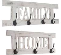 Conjunto de 2 perchas de pared HWC-C60 Home+Family, panel de perchas de estilo vintage "shabby chic", color blanco, con aspecto desgastado