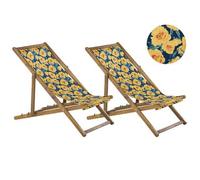 Conjunto De 2 Tumbonas De Jardín De Madera De Acacia Marrón Claro Amarillo Azul Verde Floral Reclinable Plegable Anzio