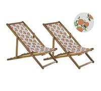 Conjunto De 2 Tumbonas De Jardín De Madera De Acacia Marrón Claro Blanco Naranja Verde Naranjas Reclinable Plegable Anzio