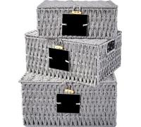 Conjunto de 3 cestas de almacenamiento trenzadas con tapa, marca Unyqoos®, de ratán, color gris – dimensiones: 26x20x10 / 30x24x14 / 34x28x17 cm, apilables, con asas