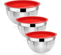 Conjunto de 3 cuencos de acero inoxidable para batir (4,5/2,7/1,5 litros) con tapa roja hermética, apilables, resistentes a la oxidación, no tóxicos. Los cuencos son aptos para lavavajillas