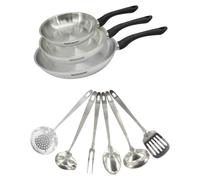 Conjunto de 3 ollas de acero inoxidable de 20, 24 y 28 cm, y 6 utensilios de cocina de acero inoxidable de la marca Fackelmann Geneva