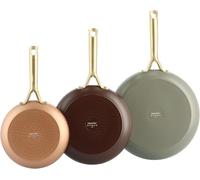 Conjunto de 3 sartenes antiadherentes de cerámica Shades, de 20/24/28 cm de diámetro, sin , aptas para inducción, con mango de acero inoxidable dorado, aptas para lavavajillas y para horno, color terr