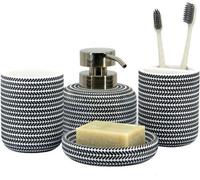 Conjunto de 4 accesorios para baño Unyqoos®, color y blanco: fabricado en resina con textura de piedra, incluye dispensador de jabón/loción, soporte para cepillos de dientes, vaso y jabonera