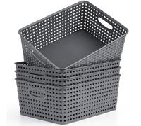 Conjunto de 4 cestas de almacenamiento de plástico Unyqoos®, color gris, 29 x 22,5 x 12 cm. Diseño trenzado con asas, ideal para la cocina, el baño y el dormitorio