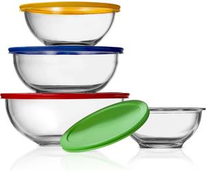 Conjunto de 4 cuencos de vidrio NutriChef con tapa: juego de cuencos para ensalada, cuencos para mezclar, fabricados en vidrio de borosilicato, apilables y herméticos