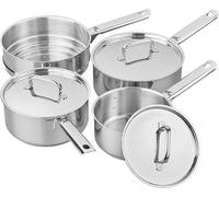 Conjunto de 4 ollas de acero inoxidable Silecomplaza, que incluye tres cacerolas de 16, 18 y 20 cm con asas y tapas, y un accesorio para cocinar al vapor, ideal para la cocina diaria en todo tipo de c