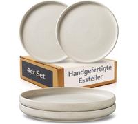Conjunto de 4 platos hondos de gres, diámetro 26 cm – Platos de sopa hechos a mano, color blanco – Elegante juego de vajilla para 4 personas – Aptos para microondas y lavavajillas