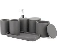 Conjunto de 6 accesorios para baño Unyqoos®, color gris: fabricado en poliresina con textura de piedra, incluye dispensador de jabón (con bomba de acero inoxidable), soporte para cepillos de dientes, 