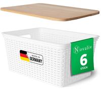 Conjunto de 6 cajas de almacenamiento grandes de 14 litros, con tapa de madera, diseño ratán, color blanco. Cestas de almacenamiento aptas para alimentos, apilables, de plástico libre de BPA. Cajas de