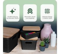 Conjunto de 6 cajas de almacenamiento Novaliv con tapa de madera, mini, 2 litros, cesta negra con diseño de ratán, apta para alimentos, cesta de almacenamiento, cajas apilables, encajables, de plástic