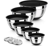 Conjunto de 6 cuencos mezcladores de acero inoxidable (0,7 l, 1,2 l, 1,6 l, 2,5 l, 2,8 l, 4,6 l) con base de silicona, 3 ralladores y tapas herméticas