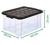 Conjunto de 7 cajas de almacenamiento con tapa, color antracita: 1 caja de 55 litros, 2 cajas de 15 litros, 2 cajas de 5 litros y 2 cajas de 2 litros. Apilables y encajables. Cierre con clip. Cajas en
