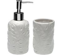 Conjunto de accesorios de baño de cerámica Unyqoos®: dispensador de jabón con bomba cromada y vaso para cepillos de dientes, con acabado brillante y detalles en relieve, disponible en blanco o , y fác