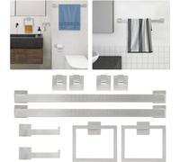 Conjunto de accesorios para baño - 10 piezas - Acero inoxidable plateado - Montaje en pared - Diseño moderno