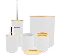 Conjunto de accesorios para baño - 6 piezas - Bambú - Incluye: toallas, soporte para cepillo de dientes, jabonera, dispensador de loción - Conjunto de accesorios - Blanco.
