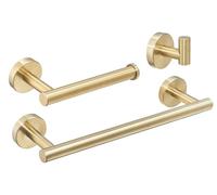 Conjunto de accesorios para baño: Acabado en dorado cepillado, acero inoxidable, montaje en pared. Incluye: soporte para toallas, soporte para papel higiénico y ganchos. Conjunto para baño