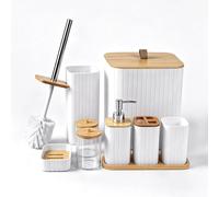 Conjunto de accesorios para baño: cepillo de inodoro y soporte para cepillo - Set de 9 piezas - 2 soportes para hisopos - Cubo para residuos del inodoro - Dispensador de jabón - Vaso para cepillos de