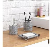 Conjunto de accesorios para baño, de 3 piezas, de vidrio con cristales plateados, que incluye un dispensador de jabón, un soporte para cepillos de dientes y un organizador