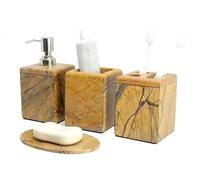 Conjunto de accesorios para baño de 4 piezas, fabricado en piedra natural, que incluye un dispensador de jabón y un soporte para cepillos de dientes