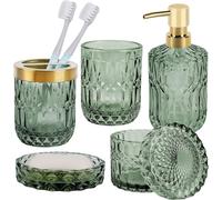 Conjunto de accesorios para baño de 5 piezas, fabricado en vidrio verde, que incluye un dispensador de jabón moderno, un jabonero, un soporte para cepillos de dientes, un recipiente para hisopos