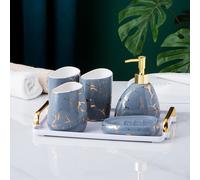 Conjunto de accesorios para baño, de 6 piezas, con diseño en gris y efecto mármol dorado, que incluye dispensador de jabón y soporte para cepillos de dientes, ideal para