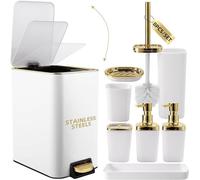 Conjunto de accesorios para baño en blanco de Silecomplaza, de 8 piezas, en blanco y dorado, que incluye: cubo de basura de acero inoxidable, escobilla para inodoro, set de cepillos de dientes y dispe