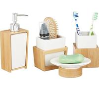Conjunto de accesorios para baño Famanu - 4 piezas - Dispensador de jabón de 250 ml - Cerámica - Bambú