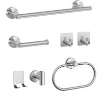 Conjunto de accesorios para baño Ibenzoa® de 7 piezas, fabricado en acero inoxidable (304) – incluye: toallero de 40 cm, soporte para papel higiénico, argolla para toallas, 4 ganchos, color plateado
