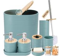 Conjunto de accesorios para baño Silecomplaza en color azul claro, que incluye: cubo de basura, 2 dispensadores de jabón, jabonera, soporte para cepillos de dientes, vaso para cepillos de dientes, esc