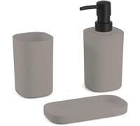 Conjunto de accesorios para baño Unyqoos® – 3 piezas: dispensador de jabón, jabonera y vaso para cepillos de dientes, color beige-taupe, polipropileno