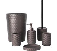 Conjunto de accesorios para baño Unyqoos® – acabado en bronce con efecto envejecido, juego de 6 piezas (gris cálido), que incluye dispensador de jabón, vaso para cepillos de dientes y escobilla para i