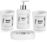 Conjunto de accesorios para baño Unyqoos® de 4 piezas – Blanco, forma redonda: Dispensador de jabón, jabonera y 2 vasos para cepillos de dientes, neutral en cuanto a olores, color resistente